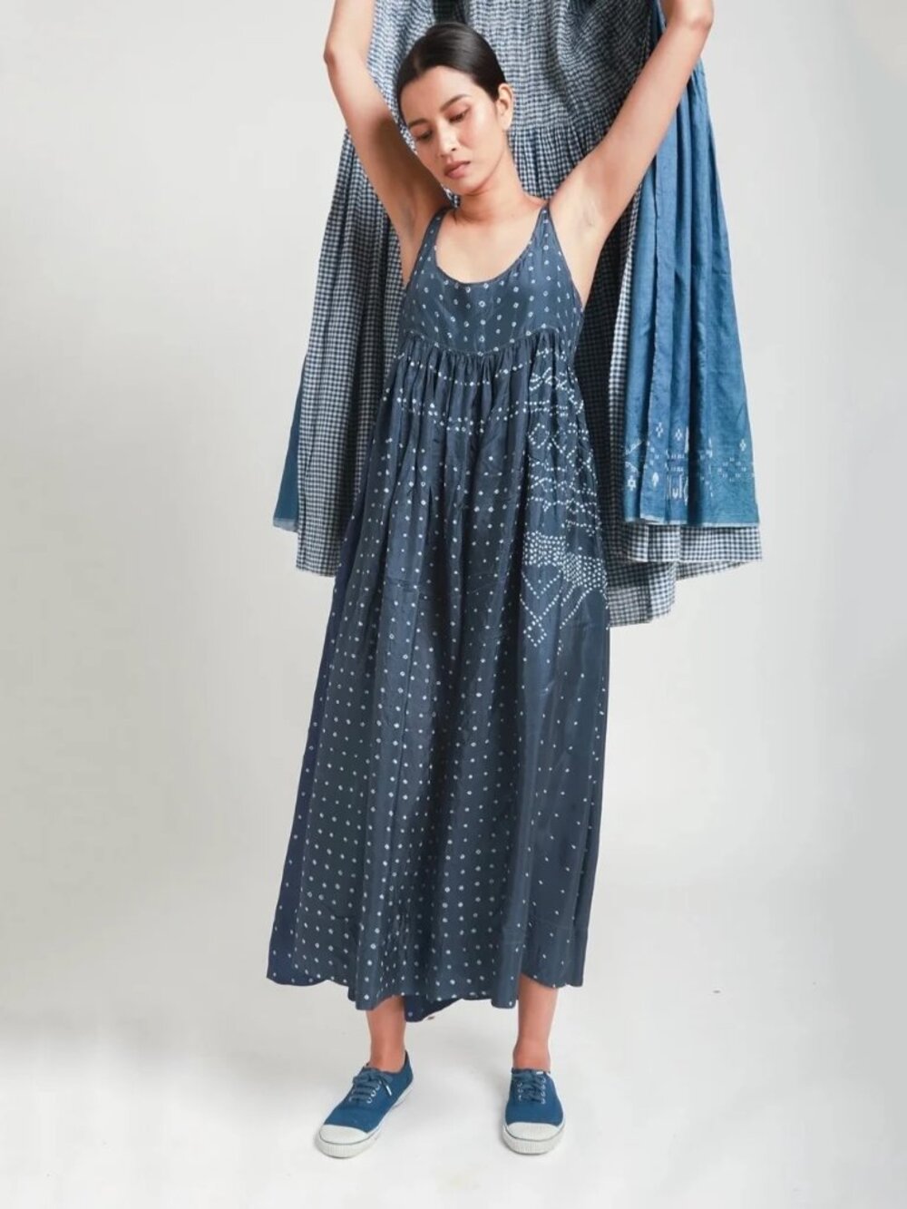 Injiri Dotted Silk Slip Dress in Indigo Blue